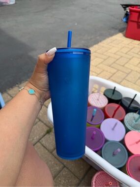 Tall Matte Blue Tumbler with Straw
